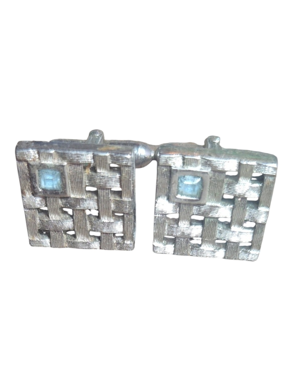 Silver Woven Square Mens Vintage Cufflinks Blue Stone Accent Formal Old Money